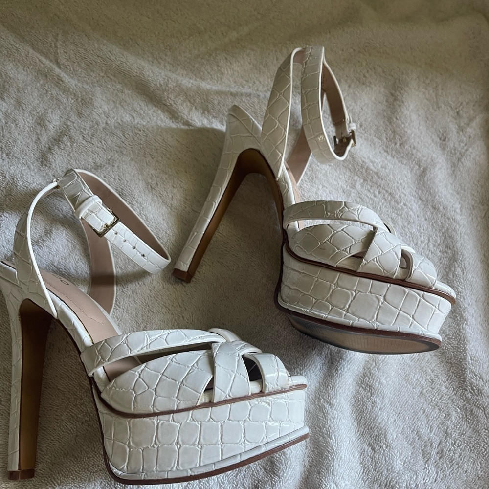 ALDO White Croc-Embossed Ankle-Strap Platform Heels